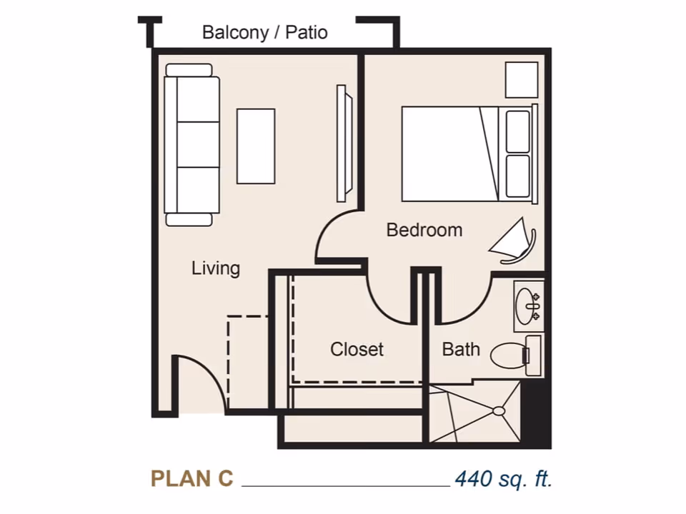 Floor plan of a one-bedroom apartment labeled Plan C with 440 square feet, showing a living room with sofa and coffee table, a bedroom with a bed and chair, a closet, a bathroom with sink, toilet, and shower, and a balcony or patio area.