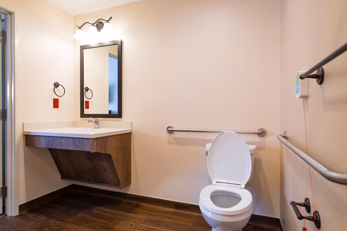 A clean and accessible bathroom with a white toilet, grab bars on the walls, a wall-mounted sink with a wooden cabinet, a mirror above the sink, and a light fixture with two bulbs. The floor has dark wood-style flooring and the walls are painted a light beige color.