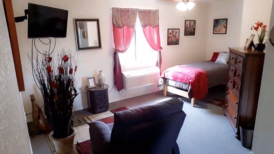 A cozy bedroom with a single bed covered in gray and red bedding, a wooden dresser, a small side table with decorative items, a wall-mounted TV, a mirror, and a window with pink curtains. There is also a comfortable armchair and a tall vase with decorative branches and red flowers.