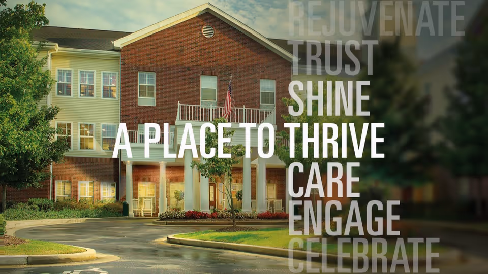 Front entrance of a multi-story senior living building with white columns, a circular driveway, and large promotional text overlaid.