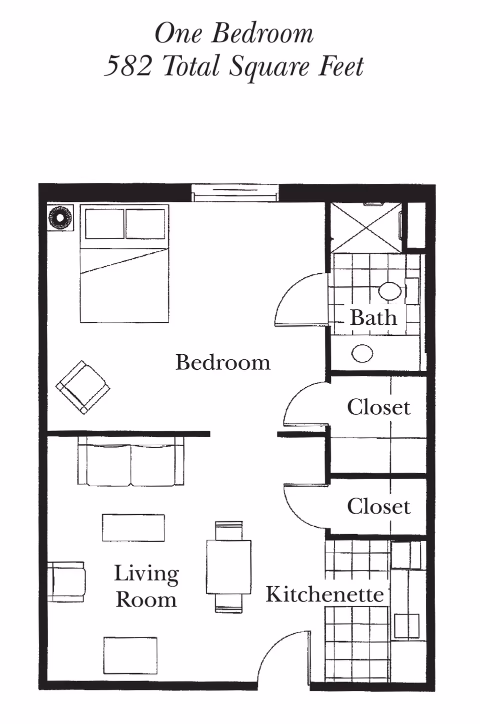 Floor plan of a one-bedroom apartment with a total of 582 square feet. The layout includes a bedroom with a bed and chair, a living room with seating and a coffee table, a kitchenette with a dining table, two closets, and a bathroom with a shower, toilet, and sink.