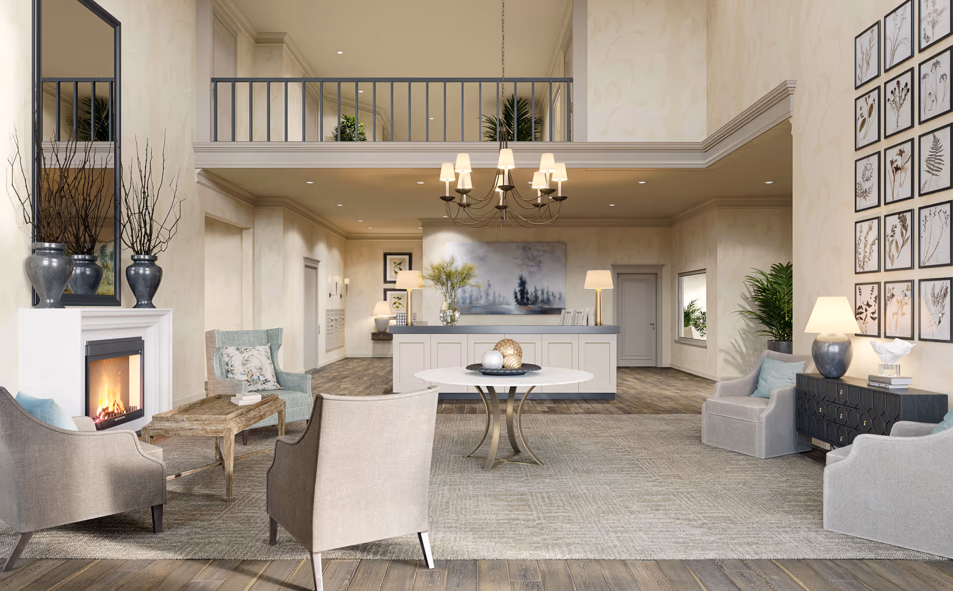 Bright, elegant senior living lobby with armchairs around a fireplace, a central table, and a reception desk beneath a mezzanine.