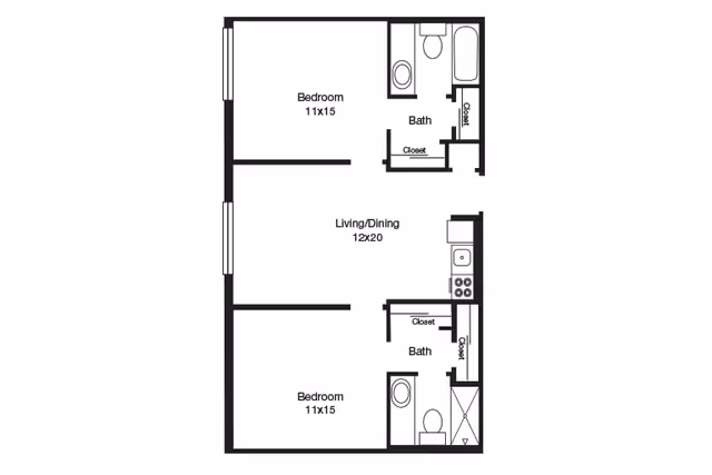 Floor plan of a two-bedroom apartment with two bathrooms, a combined living and dining area, and a kitchen. Each bedroom measures 11 by 15 feet. The living/dining area is 12 by 20 feet. The layout includes closets near the bathrooms and kitchen.