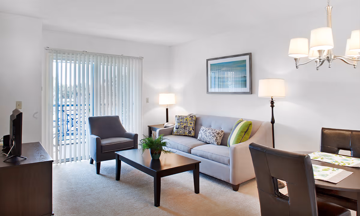 Bright living room with a gray sofa, armchair, coffee table, TV stand, dining table, and sliding glass door with vertical blinds.