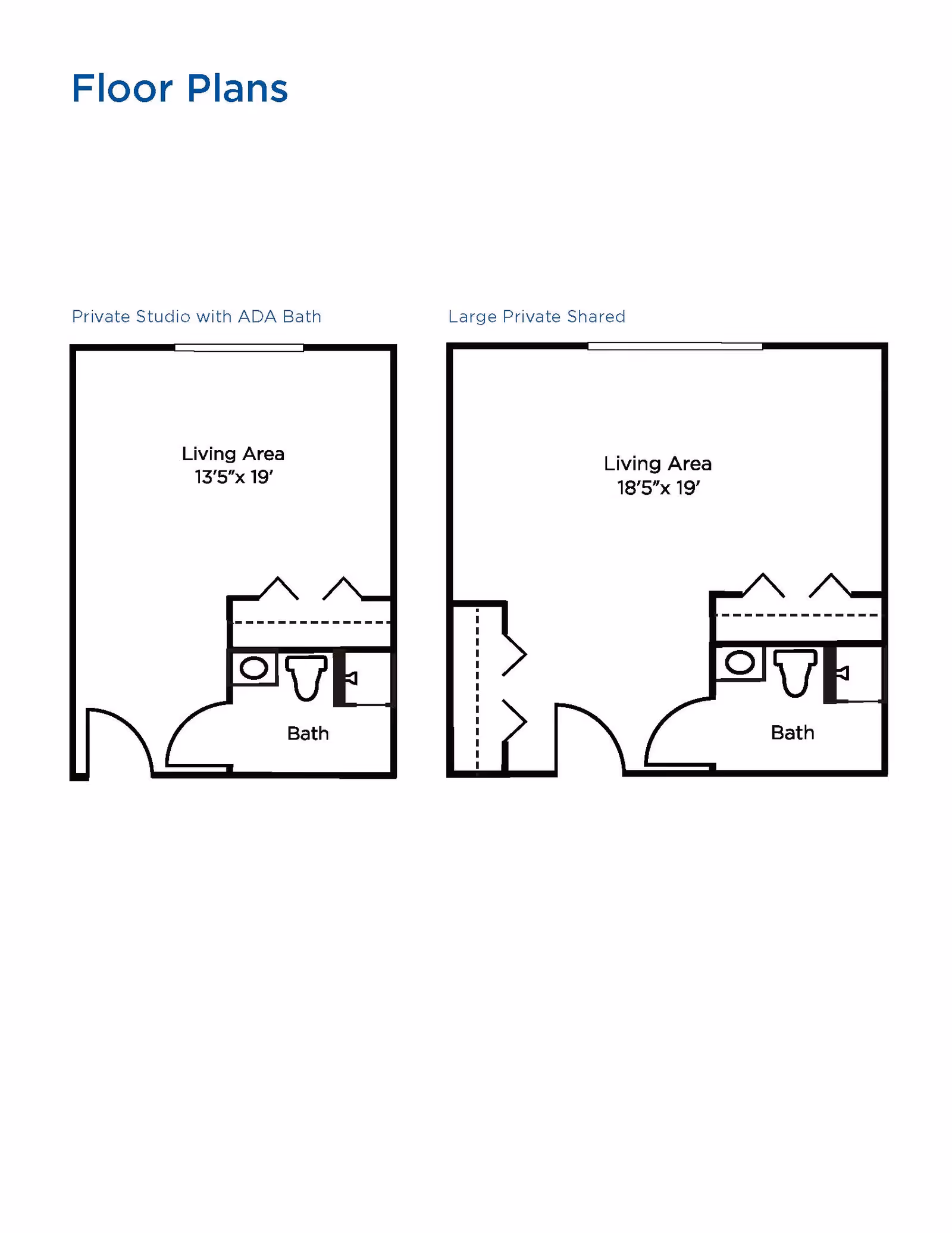 Floor plans for two types of private living spaces at Brookdale White Rock. The left plan shows a Private Studio with ADA Bath featuring a living area measuring 13 feet 5 inches by 19 feet and a bathroom. The right plan shows a Large Private Shared space with a living area measuring 18 feet 5 inches by 19 feet and a bathroom.