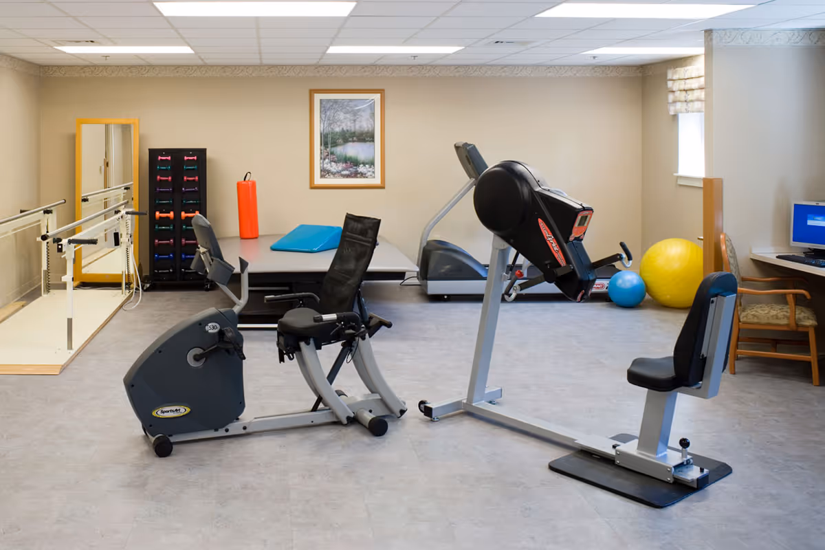 A small exercise room with various fitness equipment including a recumbent exercise bike, a rowing machine, a set of parallel bars, a rack of colorful dumbbells, a large exercise ball, and a blue exercise mat on a raised platform. There is a framed picture on the wall, a window with a patterned valance, and a desk with a computer and chair in the corner.
