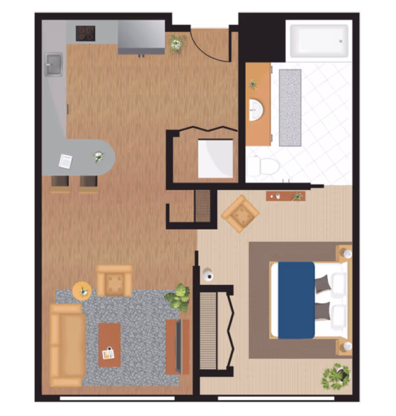 Floor plan of an apartment at Cottage Grove Place showing a kitchen with a stove, sink, refrigerator, and breakfast bar with two stools; a living room with a sofa, armchair, coffee table, side table, and TV; a bedroom with a bed, two nightstands, an armchair, and a plant; and a bathroom with a bathtub, toilet, sink, and vanity.
