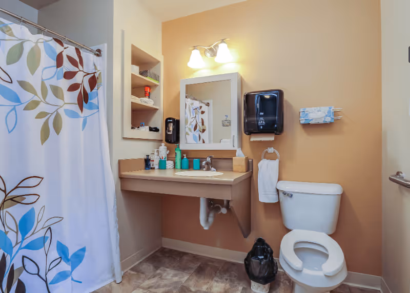 A clean bathroom with a toilet, a sink with countertop, a mirror above the sink, a towel hanging on a ring, a tissue box mounted on the wall, a black soap dispenser, and a shower with a curtain featuring a leaf pattern in blue, green, and brown colors.