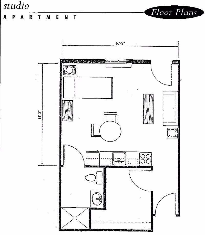 Black and white floor plan of a studio apartment showing a combined living and sleeping area with a bed, table with two chairs, sofa, and kitchen area with sink and stove. There is a separate bathroom with a toilet, sink, and shower. Dimensions are 16 feet 8 inches by 14 feet 8 inches.