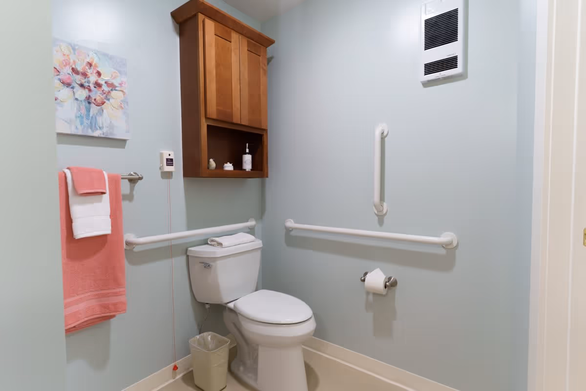 A clean and accessible bathroom with light blue walls, a white toilet with a folded towel on top, white grab bars on the walls for support, a wooden cabinet mounted above the toilet, a pink and white towel hanging on a towel rack, a small trash bin on the floor, a wall-mounted heater, and a floral painting on the wall.