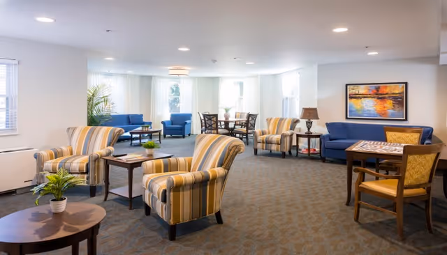 A spacious and well-lit living room area with multiple seating options including striped armchairs, blue sofas, and wooden chairs around tables. The room features large windows with white blinds, a carpeted floor, a potted plant on a round wooden table, a table lamp, and a colorful painting on the wall.