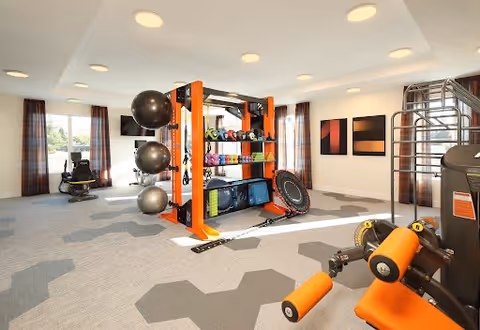 Bright fitness room with exercise equipment, an orange weight rack, stability balls, and a wall-mounted TV.