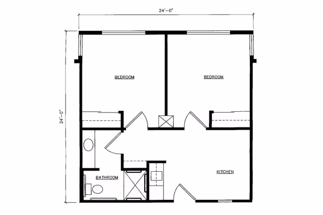 Black-and-white floor plan of a two-bedroom unit showing a kitchen, bathroom, and interior walls with dimensions noted.