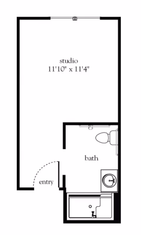 Floor plan of a studio apartment measuring 11 feet 10 inches by 11 feet 4 inches, showing an entry door leading into the studio space and a separate bathroom with a toilet, sink, and bathtub.