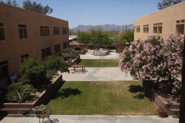 Sunlit courtyard between two beige building wings with grass, picnic tables, benches, planters and a pink-flowering tree with mountains in the background.