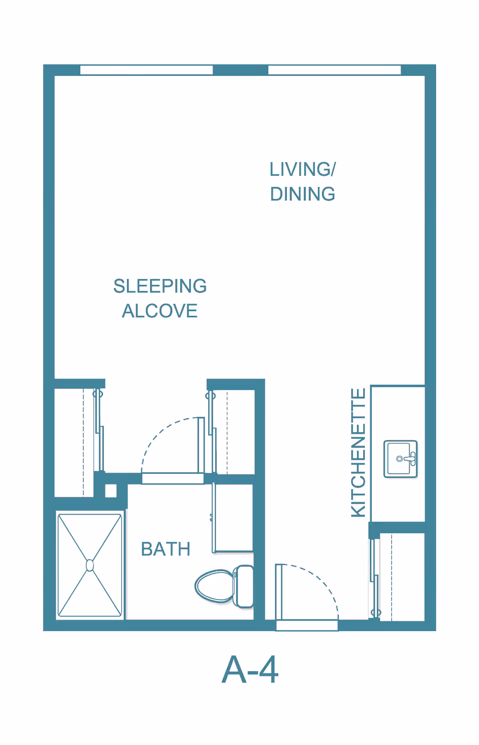 Floor plan labeled A-4 showing a layout with a living/dining area, sleeping alcove, bath with shower and toilet, and a kitchenette with a sink.