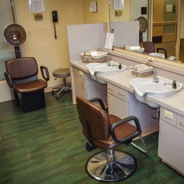 Interior view of a salon area with two brown salon chairs, two white sinks with faucets, a large mirror above the counter, a hair dryer mounted on the wall, and a small rolling stool. The floor is green and the walls are beige.