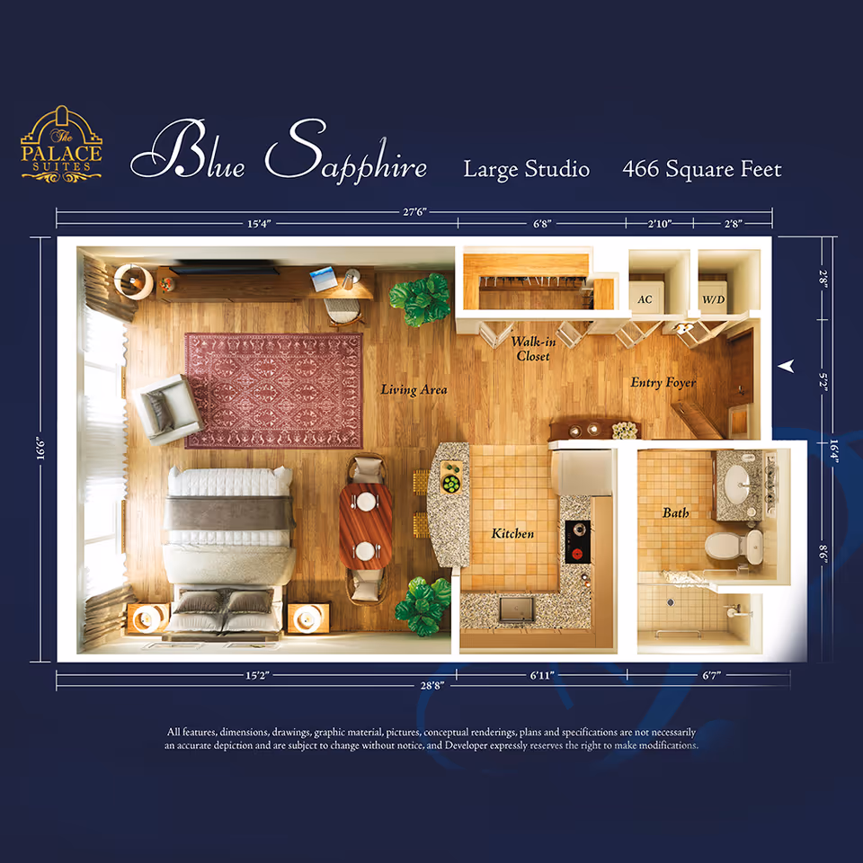 Floor plan of a large studio apartment named Blue Sapphire at The Palace Suites, showing a living area with a bed, armchair, rug, and table, a kitchen with appliances and a counter, a walk-in closet, an entry foyer, and a bathroom with a shower, toilet, and sink. Dimensions and layout details are included.