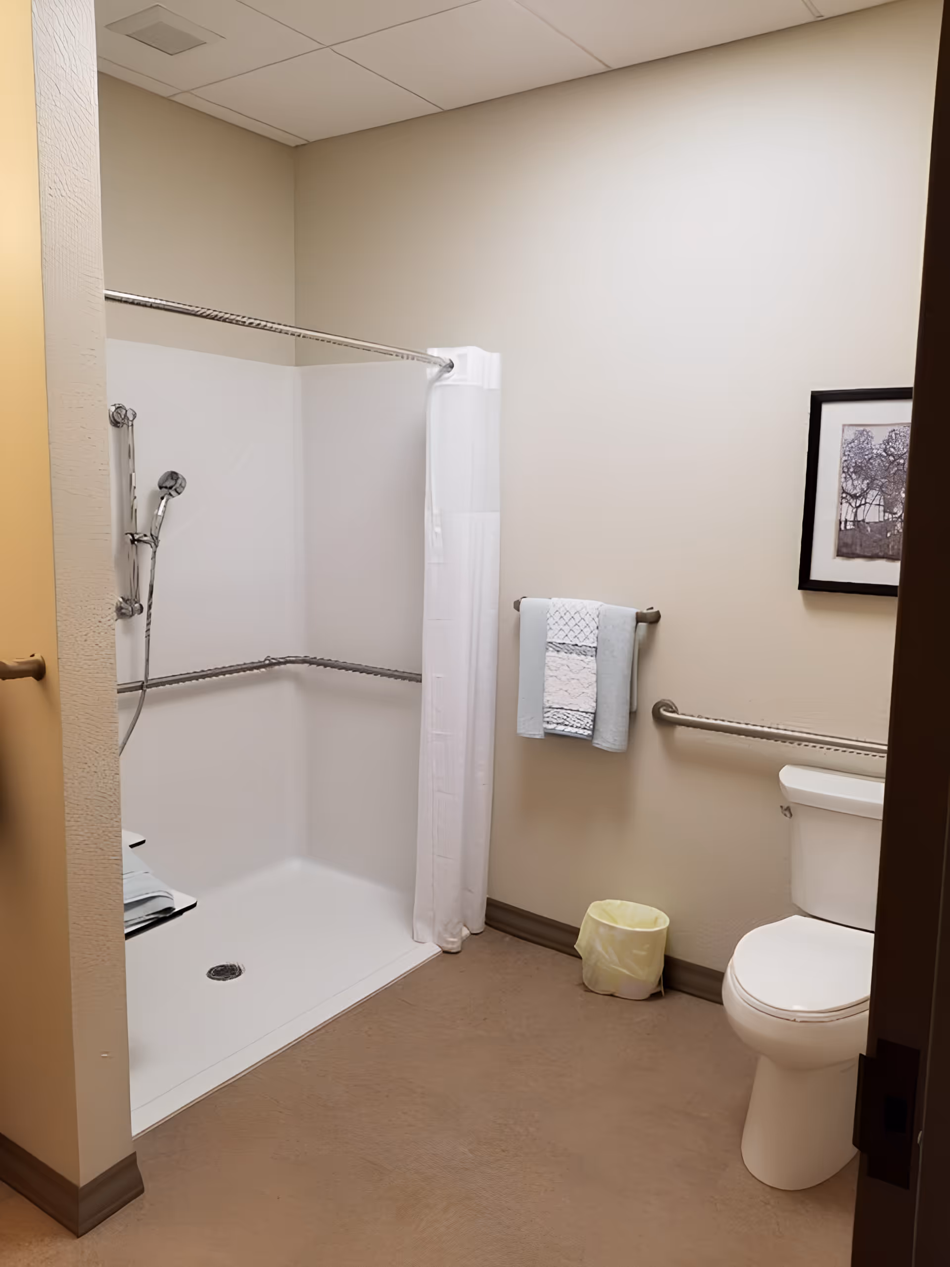 A clean and accessible bathroom featuring a walk-in shower with a handheld showerhead and grab bars, a white toilet, a towel rack with folded towels, a small waste bin, and a framed picture on the wall.
