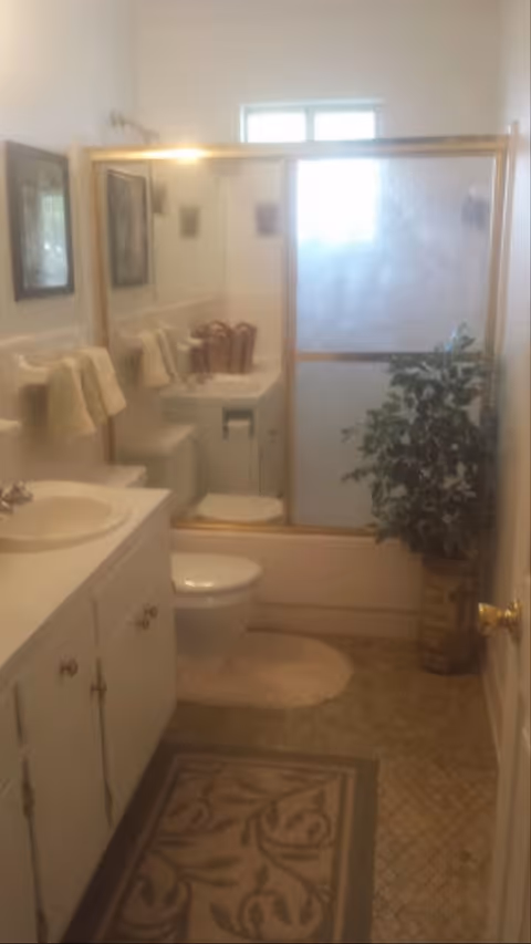 A small bathroom with a white vanity and sink on the left, a toilet next to it, and a bathtub with a frosted glass sliding door at the back. There are beige towels hanging on the wall, a small window above the bathtub, a decorative plant in a basket on the right side, and a patterned rug on the tiled floor.