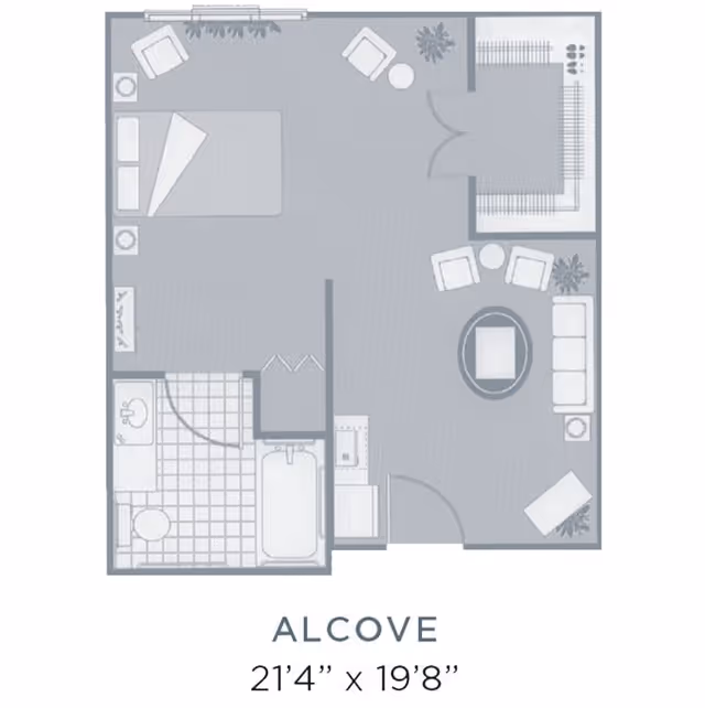 Floor plan of an alcove apartment measuring 21 feet 4 inches by 19 feet 8 inches, showing a combined living and sleeping area with a bed, chairs, sofa, coffee table, and plants. The layout also includes a bathroom with a bathtub, toilet, and sink, and a small kitchen area near the entrance.