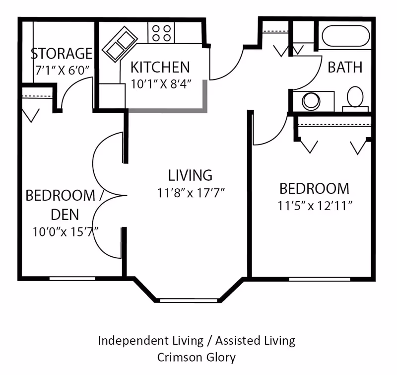 Floor plan layout of an independent living or assisted living unit named Crimson Glory, featuring a kitchen, living room, bathroom, bedroom, bedroom/den, and storage area with dimensions labeled.