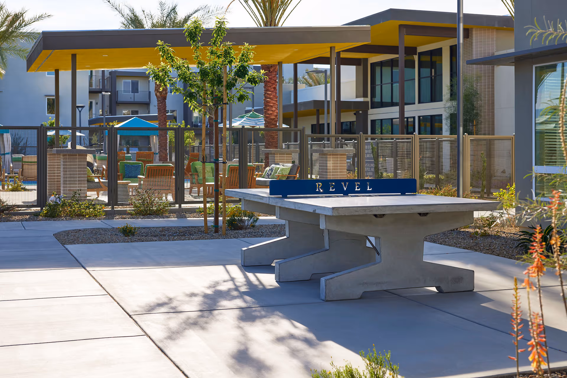 Outdoor area of Revel Palm Desert featuring a concrete ping pong table with the word REVEL on the net, surrounded by a paved walkway, small trees, and landscaped plants. In the background, there is a fenced seating area with wooden chairs, green cushions, umbrellas, and modern buildings with large windows.