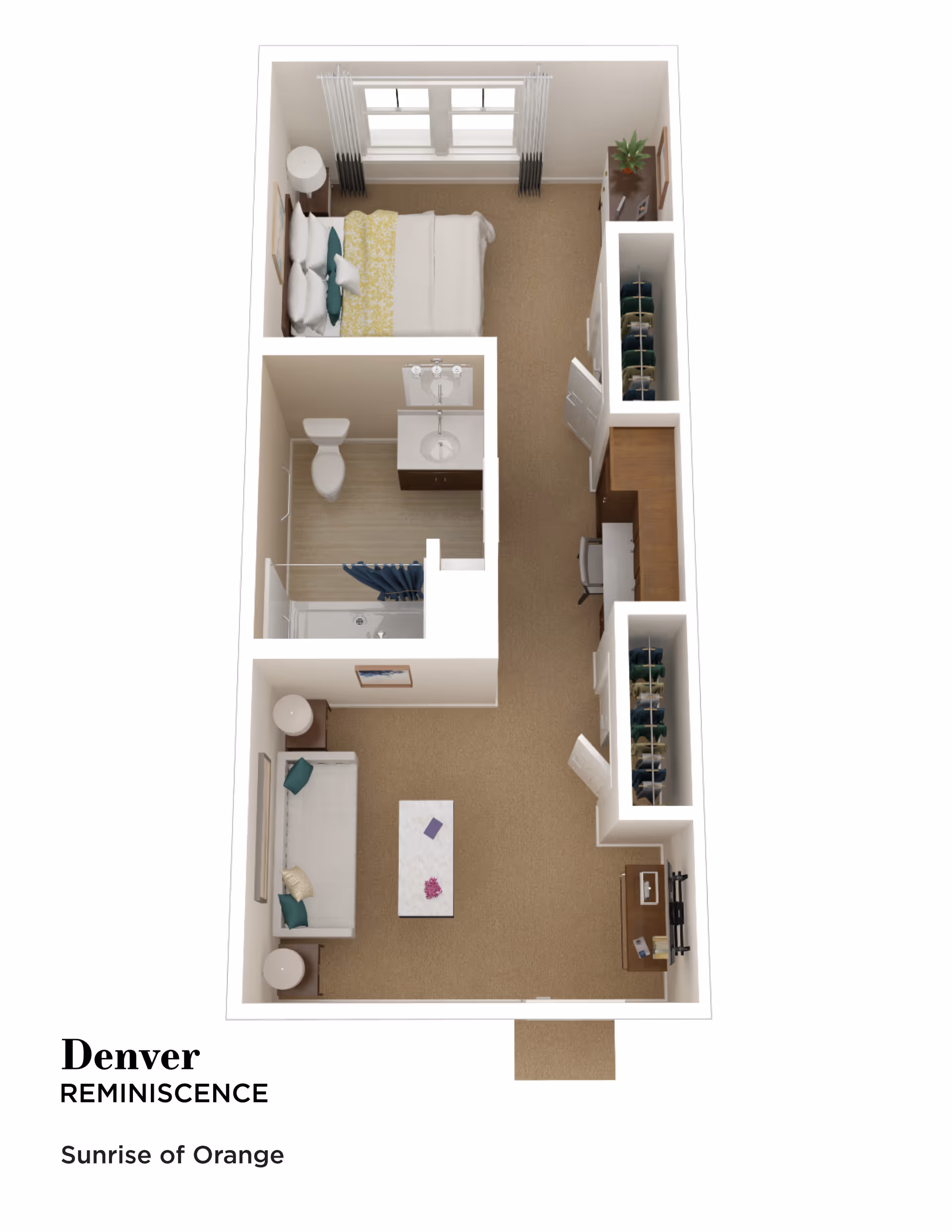 3D floor plan of a senior living unit named Denver Reminiscence at Sunrise of Orange, showing a bedroom with a bed and nightstand, a bathroom with a toilet, sink, and shower, a living area with a sofa, coffee table, and TV, and closets along the hallway.