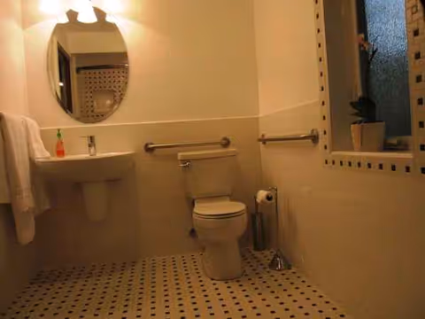 Accessible bathroom with sink, mirror, toilet, grab bars, and a window.