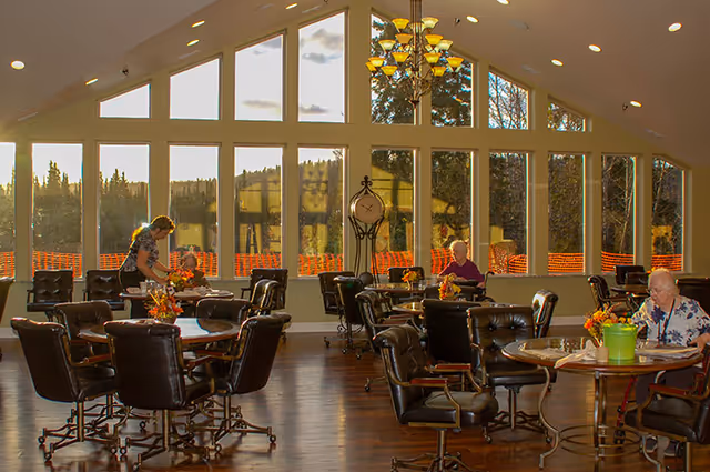 Sunlit communal dining room with round tables and leather upholstered chairs and a few residents seated near large arched windows.