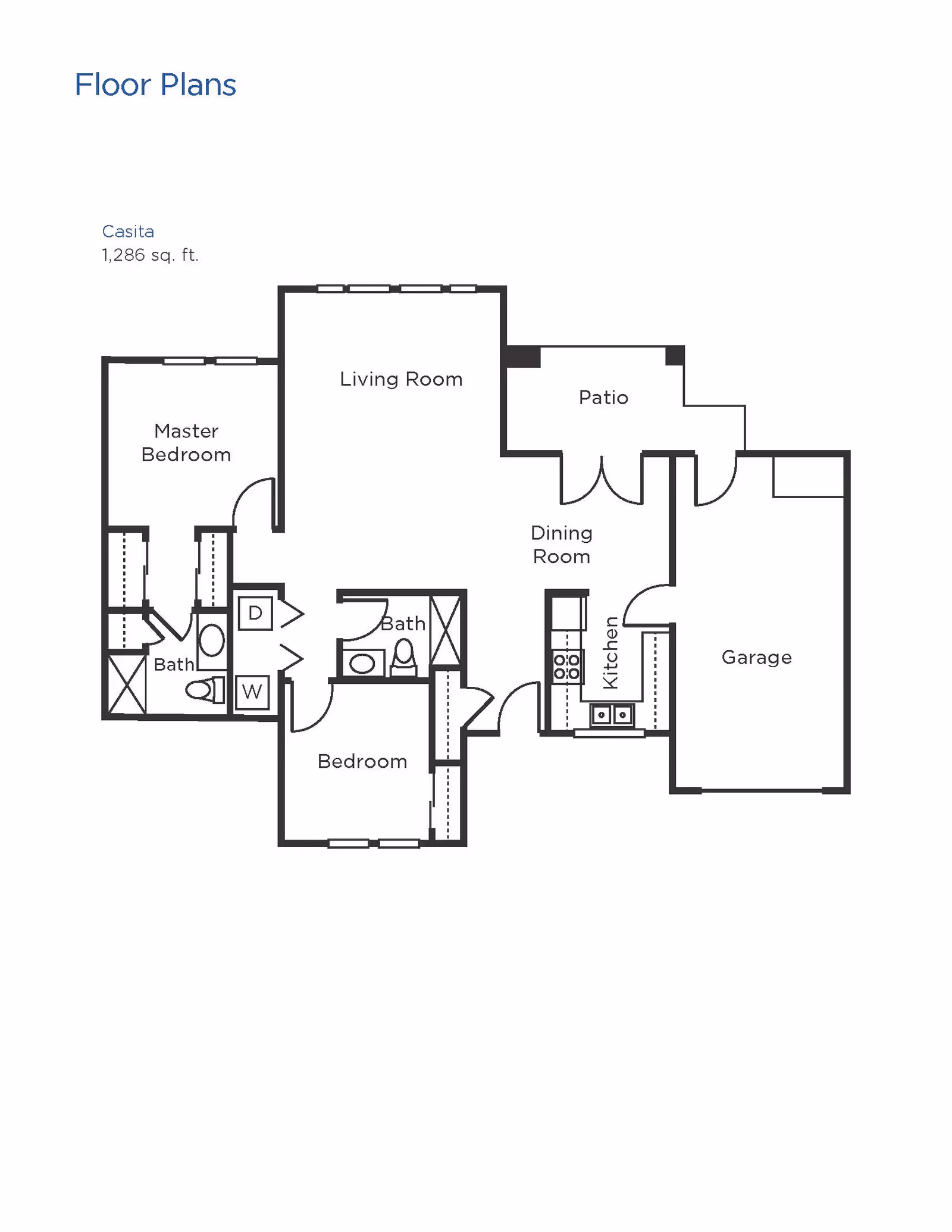 Floor plan of a Casita with 1,286 square feet including a master bedroom with attached bath, a second bedroom, a second bath, living room, dining room, kitchen, patio, and garage.