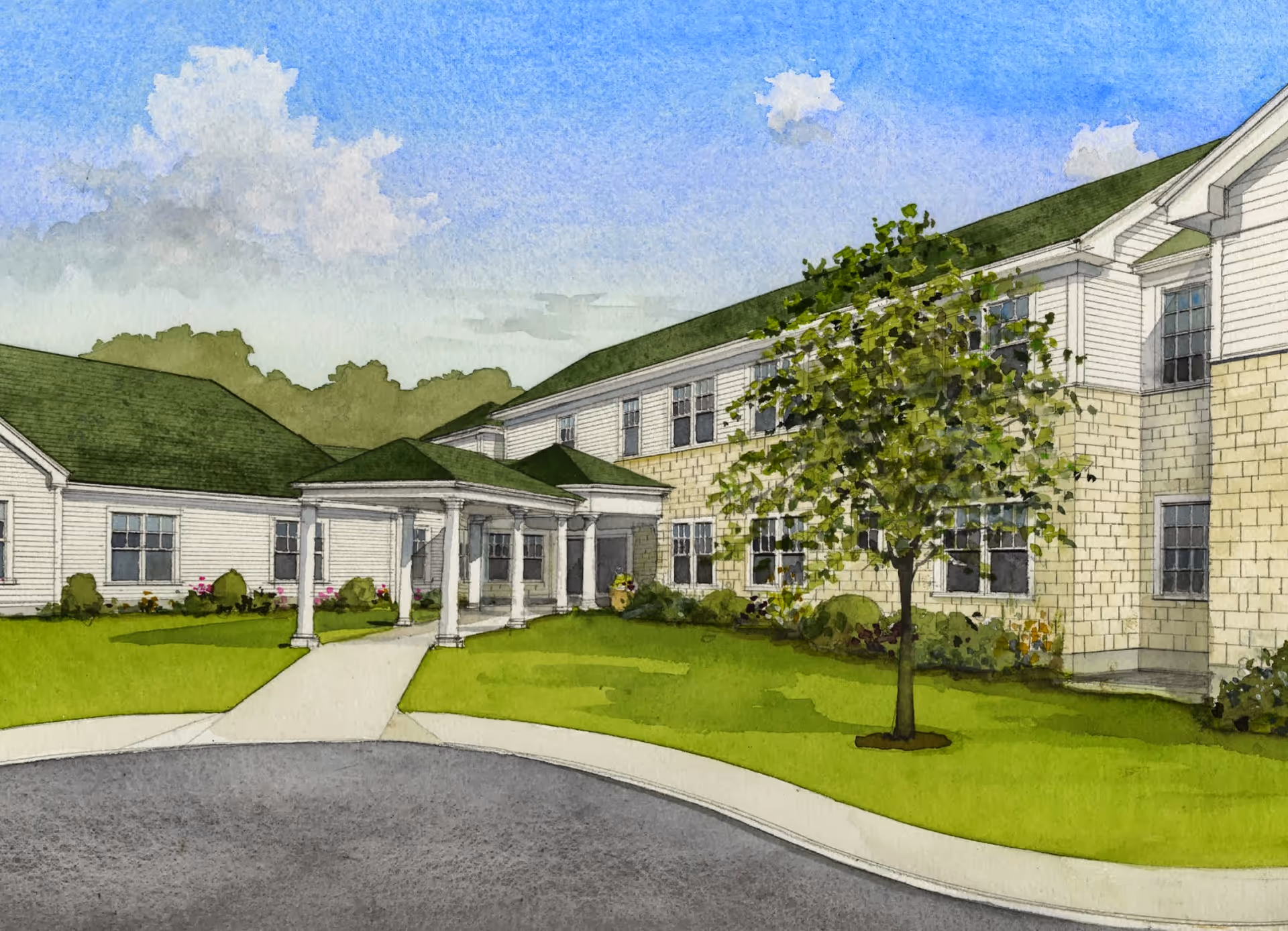 Watercolor-style rendering of the front exterior of a two-story senior living building with a covered entrance, green roofs, lawn and a tree.