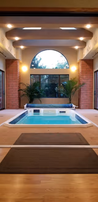 Indoor pool area with a small rectangular pool surrounded by beige flooring and two brown mats in the foreground. The room features brick pillars, large windows, an arched window above, ceiling lights, and two potted plants near the pool.