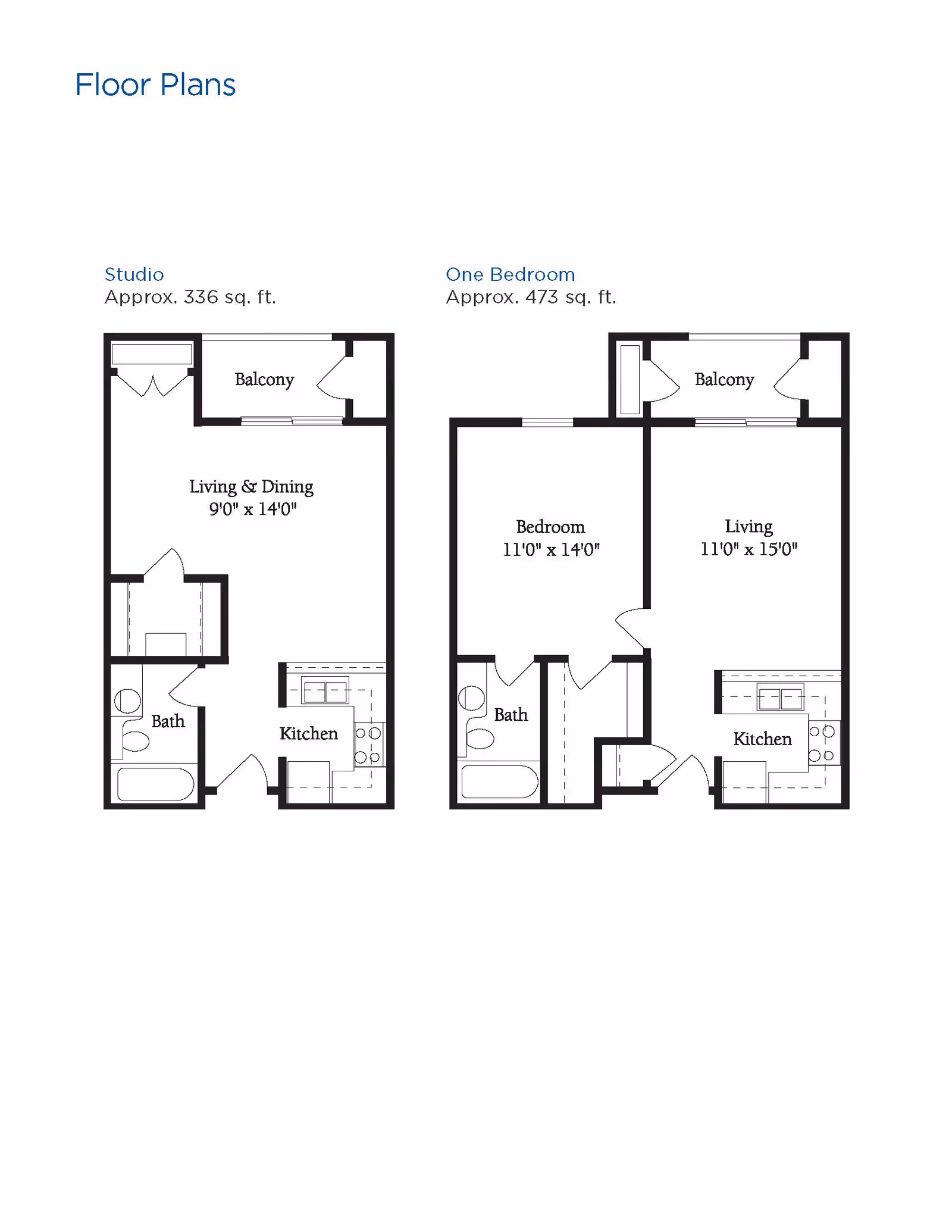 Floor plans for two apartment layouts at Brookdale Santa Fe. The left plan is a Studio apartment of approximately 336 sq. ft. featuring a living and dining area, kitchen, bath, and balcony. The right plan is a One Bedroom apartment of approximately 473 sq. ft. with a bedroom, living room, kitchen, bath, and balcony.