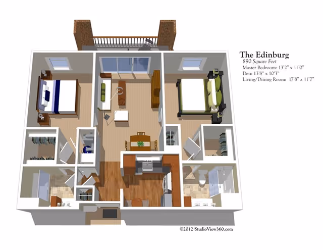 3D floor plan of The Edinburg apartment at The Fairfax at Belvoir Woods, showing a layout with two bedrooms, a den, a living/dining room, kitchen, two bathrooms, closets, and a balcony. The master bedroom measures 13'2" x 11'0", the den is 13'8" x 10'3", and the living/dining room is 17'8" x 11'7".