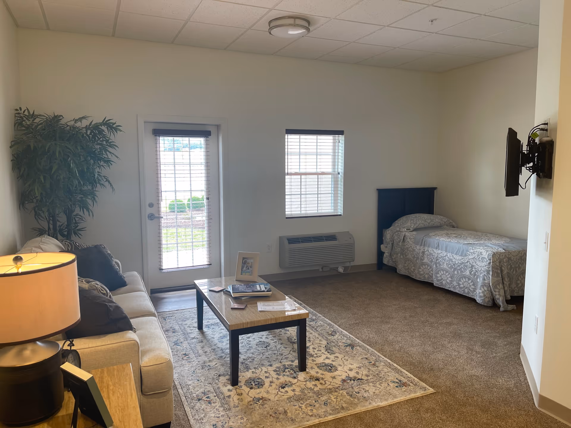 A small living space with a beige sofa, a wooden coffee table on a patterned rug, a single bed with a patterned bedspread, a wall-mounted TV, a potted plant, and a door with window blinds leading outside. The room has beige walls and carpeted floor.