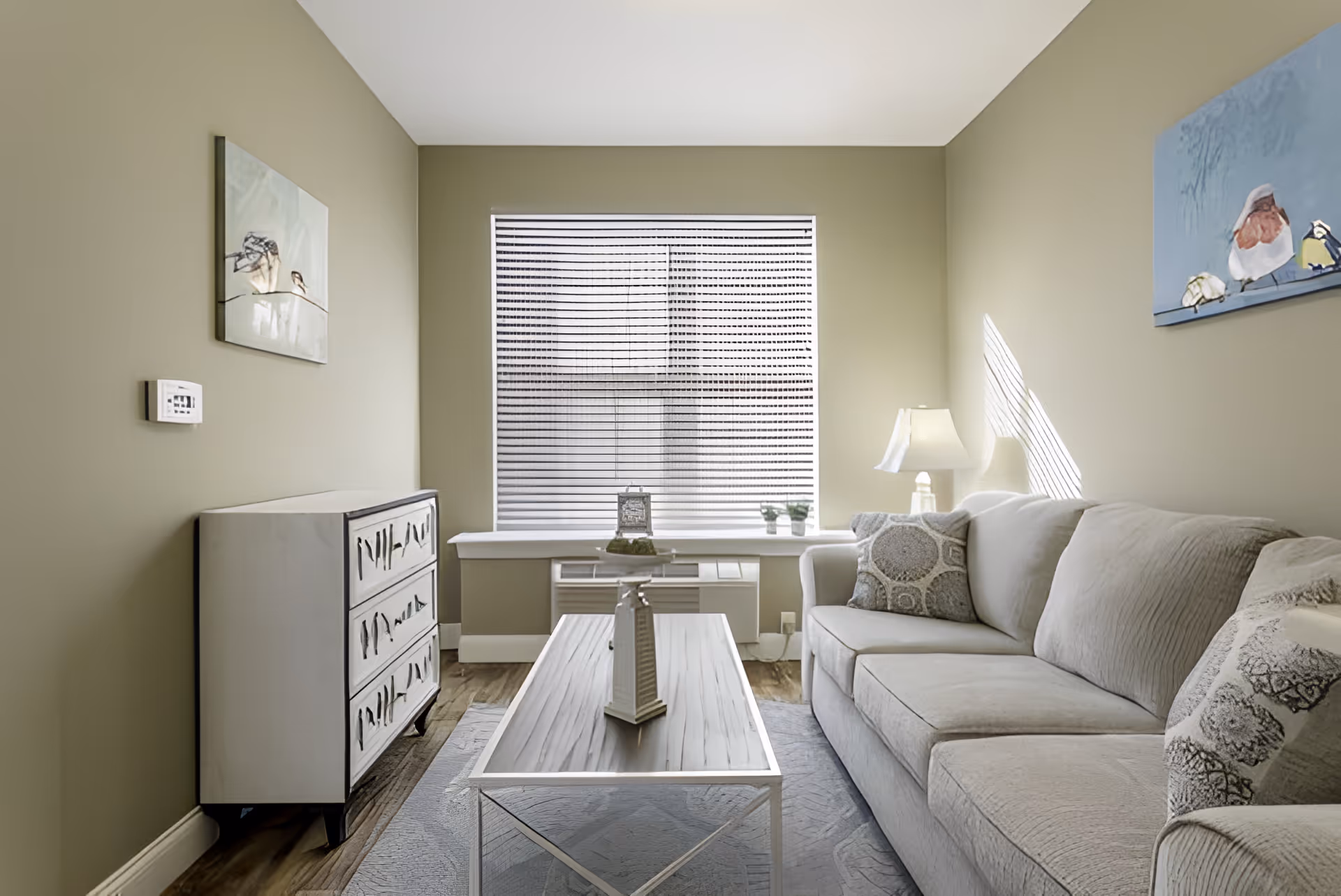 A cozy living room with a beige sofa adorned with patterned pillows, a wooden coffee table with decorative items, a small chest of drawers against the left wall, a window with blinds letting in natural light, and two paintings of birds on the walls.