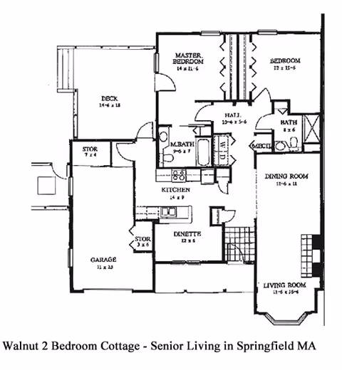 Architectural floor plan of Walnut 2 Bedroom Cottage at Loomis Lakeside at Reeds Landing in Springfield, showing layout including master bedroom, second bedroom, kitchen, dinette, dining room, living room, two bathrooms, garage, deck, storage areas, and hallways.