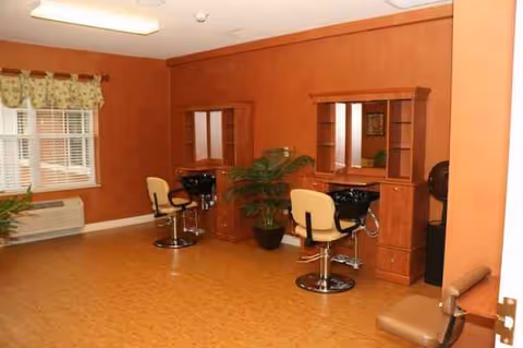 Interior salon area with two styling stations, mirrors, chairs, and a potted plant.