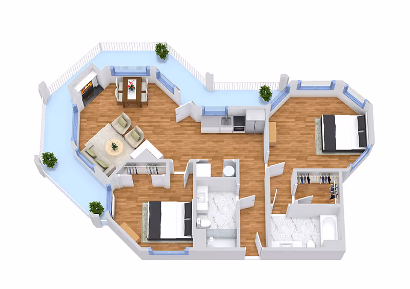 3D rendered floor plan of a two-bedroom apartment showing living and dining areas, kitchen, two bathrooms, closets, and a wraparound balcony.