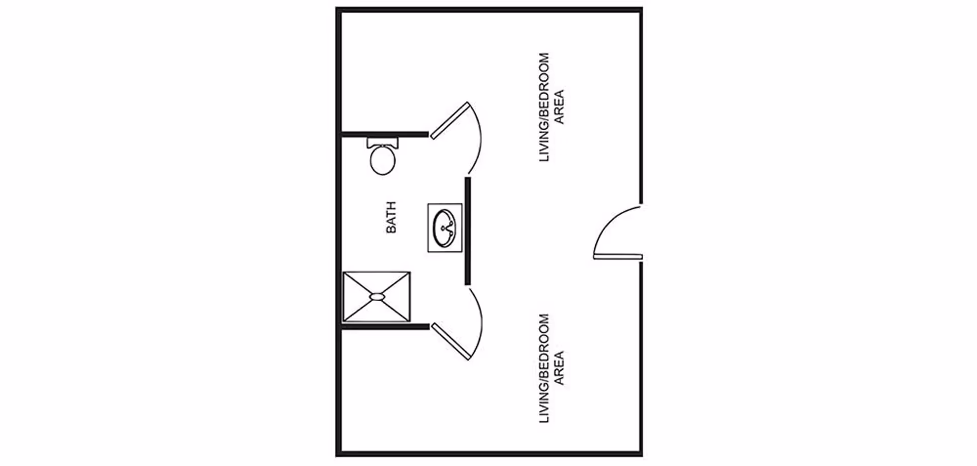 Black and white floor plan layout showing a living/bedroom area with an attached bathroom that includes a toilet, sink, and shower.