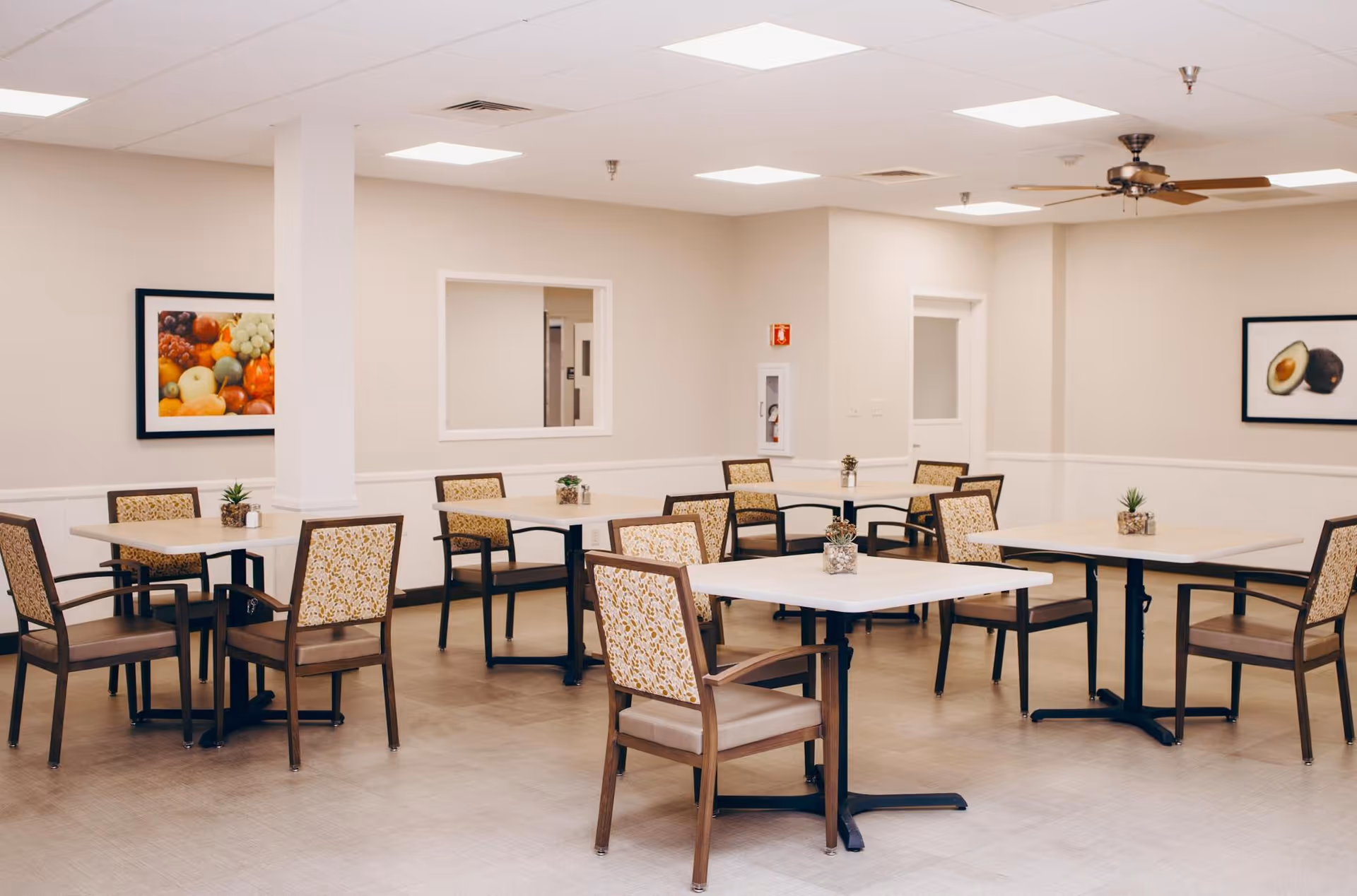 A clean and well-lit dining room with several square tables and chairs arranged neatly. Each table has a small decorative plant. The walls are light-colored and adorned with framed pictures of fruits. The ceiling has recessed lighting and a ceiling fan.
