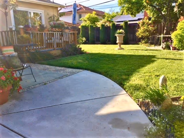 A sunny backyard garden area with a green lawn, a concrete patio, potted plants, a wooden deck with flowers, and outdoor seating. Trees and shrubs surround the yard, creating a peaceful outdoor space.