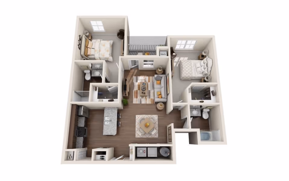 3D floor plan of a two-bedroom apartment featuring a kitchen with an island and bar stools, a living room with a sofa and coffee table, two bedrooms each with a bed and nightstands, two bathrooms, a laundry area, and a balcony.