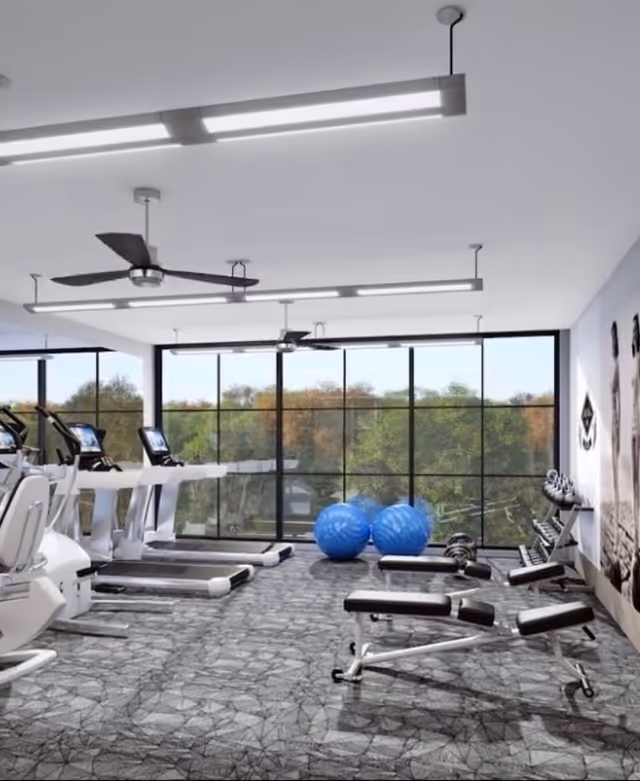 Bright fitness room with treadmills, weight benches, dumbbells, and two blue exercise balls in front of large floor-to-ceiling windows.
