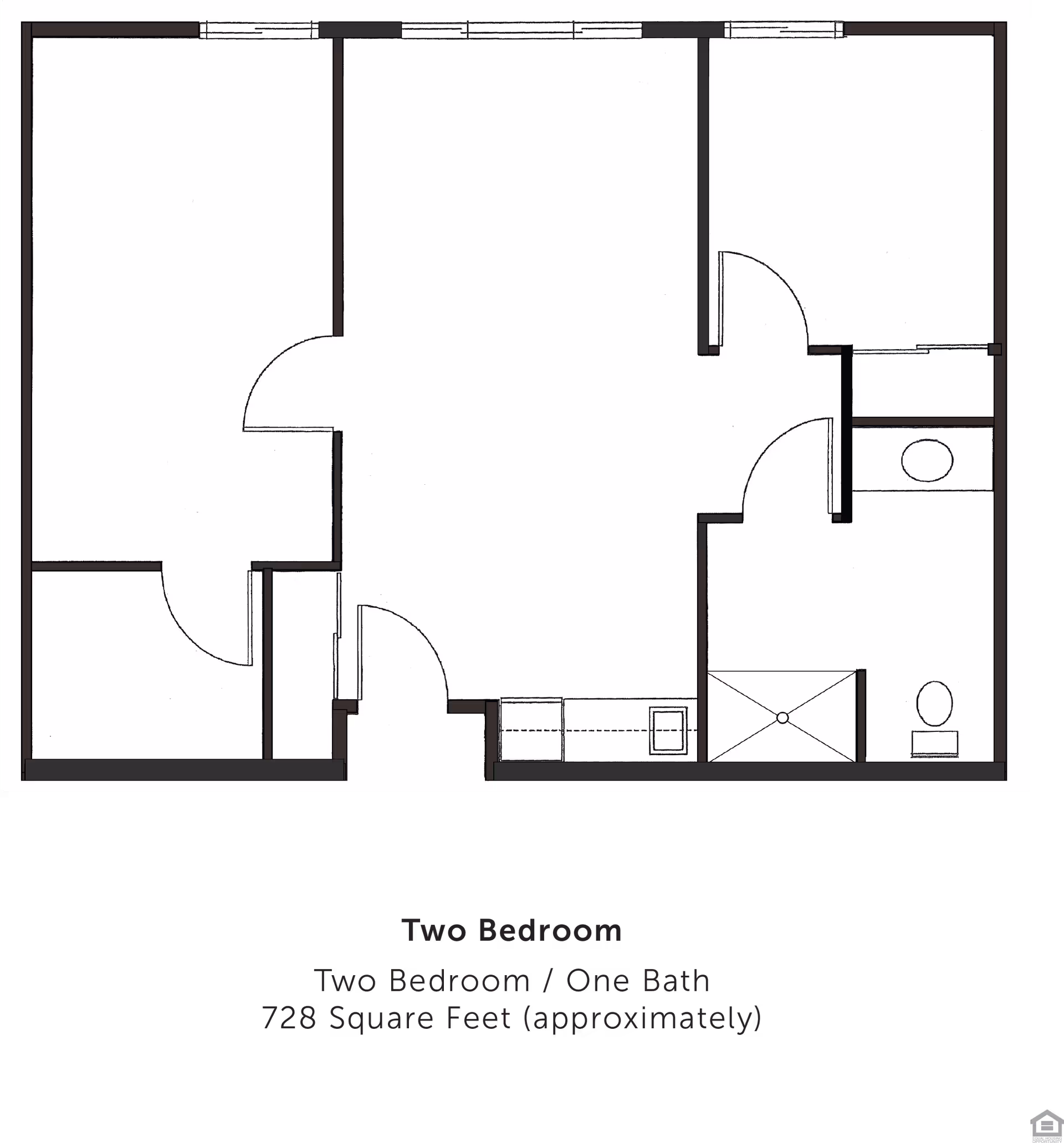 Black-and-white architectural floor plan showing a two-bedroom, one-bath apartment layout.