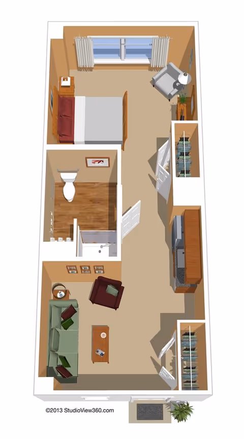 3D floor plan of a small apartment featuring a bedroom with a bed and nightstand, a bathroom with a toilet and shower, a living room with a sofa, armchair, coffee table, and side table, and a kitchen area with cabinets and appliances. The apartment has windows with curtains and a small entryway with a plant.
