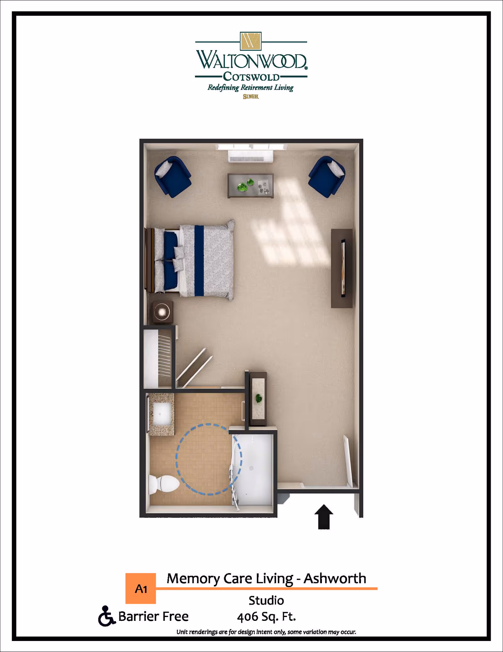 Top-down floor plan of a studio memory-care apartment showing a bed and seating area, bathroom, and entry labeled Waltonwood Cotswold and 406 sq. ft.