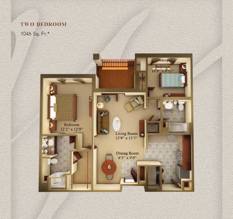 Floor plan of a two-bedroom apartment with a total area of 1046 square feet. The layout includes a living room measuring 12'9" x 17'7", a dining room measuring 6'5" x 9'0", a kitchen, two bedrooms (one 12'2" x 12'9" and the other 10'8" x 9'11"), and two bathrooms. The living room is furnished with a sofa, chairs, and a coffee table. The dining room has a round table with chairs. The bedrooms have beds and nightstands. Bathrooms include standard fixtures.