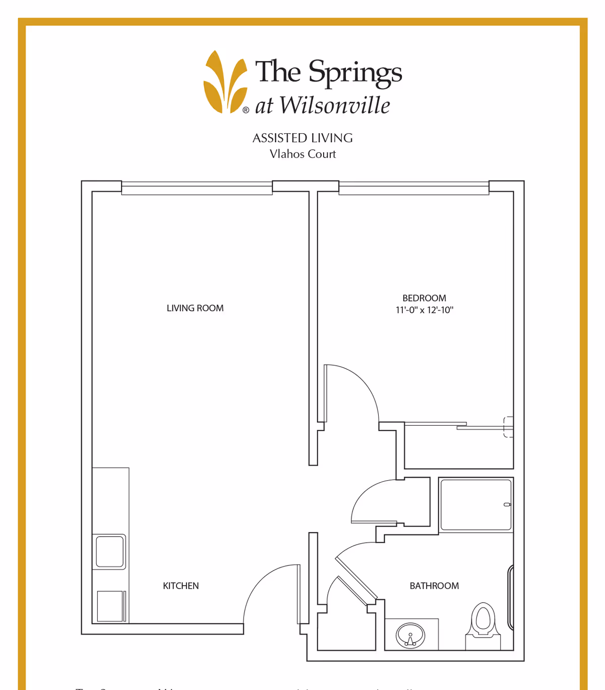 Floor plan layout of an assisted living unit at The Springs at Wilsonville, showing a living room, kitchen, bedroom measuring 11 feet by 12 feet 10 inches, and a bathroom with a sink, toilet, and bathtub.